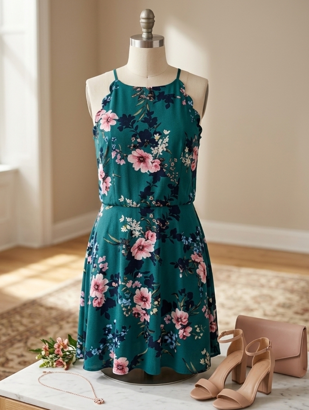 Floral Green Sleeveless Halter Style Scalloped Garden Party Above Knee Dress